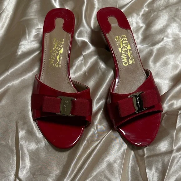 Salvatore Ferragamo Red Patent Leather Mules - Picture 1 of 10